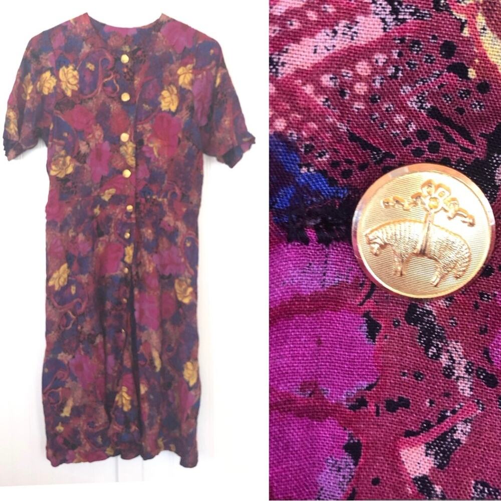Vintage 80s 90s Brooks Brothers Colorful Minidress Gold Buttons Large Abstract